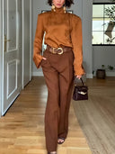 Elegant Satin High-Neck Long-Sleeve Blouse