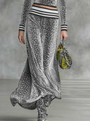 Retro Stand-Up Collar Leopard Print Velvet Top & Maxi Skirt Set