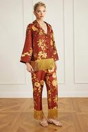 Exquisite Fringe Floral Print Satin Shirt and Elastic-Waist Wide-Leg Pants Set