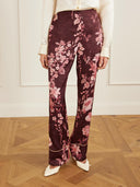 Exquisite Floral Print Satin Piped Straight-Leg Pants