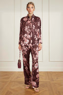 Exquisite Floral Print Satin Piped Straight-Leg Pants