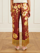 Exquisite Tassel Floral Print Satin Twill Wide-Leg Pants