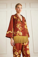 Exquisite Fringe Floral Print Satin Twill Relaxed Shirt