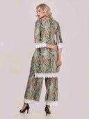 Elegant Paisley Print Lace-trimmed Wide-leg Pants