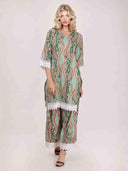Elegant Paisley Print Lace-trimmed Wide-leg Pants