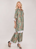 Elegant Paisley Print Lace-trimmed Long Shirt