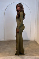 Elegant Asymmetric Ruched Ruffle Maxi Dress