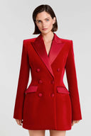 Exquisite Deep Red Double-Breasted Velvet Blazer Mini Dress