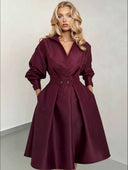 Elegant Collared Long-Sleeve A-Line Midi Dress