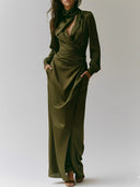Elegant Satin Draped Shirt Maxi Dress