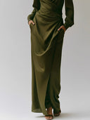Elegant Satin Draped Shirt Maxi Dress