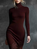 Elegant High-neck Lace-trimmed Knit Midi Dress