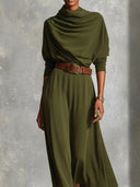 Elegant Draped Neck Knit Midi Dress