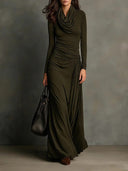 Elegant Olive-green Front Draped Maxi Dress