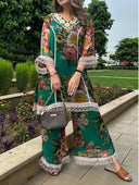 Elegant Floral Print Lace-Trim Long Shirt