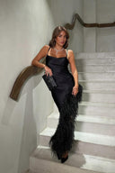 Elegant Asymmetric Feather-Trimmed Slip Maxi Dress