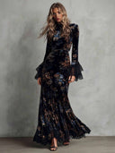 Exquisite Velvet Floral Print Pleated Maxi Dress