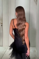 Elegant Asymmetric Feather-Trimmed Slip Maxi Dress