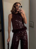 Exquisite Sequined Fuzzy Hem Tank Top