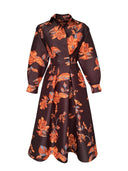 Retro Lapel Floral Print A-Line Midi Dress