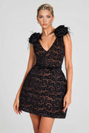 Elegant V-Neck Lace Floral Applique Black Mini Dress