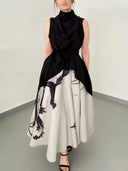Elegant Abstract Print Draped Midi Dress Two-piece Set