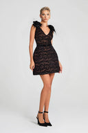 Elegant V-Neck Lace Floral Applique Black Mini Dress