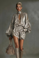 Delicate Shimmer Ruched Cut-Out Puff Sleeve Drawstring Mini Dress