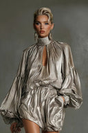 Delicate Shimmer Ruched Cut-Out Puff Sleeve Drawstring Mini Dress