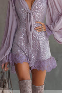 Delicate Sequined Chiffon Lantern Sleeve Lace-trimmed Mini Dress