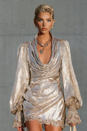 Exquisite Rose Gold Sequined Fabric Draped Neckline Lace Mini Dress
