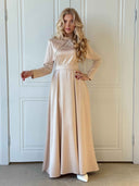Elegant Satin Cape-Detail Long-Sleeve Maxi Dress
