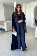 Elegant Navy Blue Printed Velvet Robe Cardigan