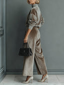 Elegant High-neck Velvet Pleated Wide-leg Pants Two-piece Set