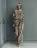 Elegant High-neck Velvet Pleated Wide-leg Pants Two-piece Set