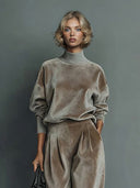 Elegant High-neck Velvet Pleated Wide-leg Pants Two-piece Set