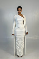 Elegant One-Shoulder Ruched Pink Maxi Dress With Long-Sleeve Cardigan Set