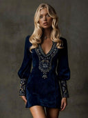 Retro V-neck Embroidered Mini Dress