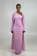 Elegant One-Shoulder Ruched Pink Maxi Dress With Long-Sleeve Cardigan Set