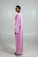 Elegant One-Shoulder Ruched Pink Maxi Dress With Long-Sleeve Cardigan Set