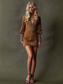 Retro V-neck Embroidered Mini Dress