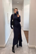 Elegant Black Ruched Waist Slit Maxi Dress