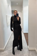 Elegant Navy Ruched Waist Slit Maxi Dress