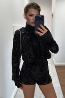 Exquisite Black Sequined Blazer and Velvet Shorts Set