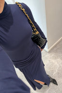 Elegant Navy Ruched Waist Slit Maxi Dress