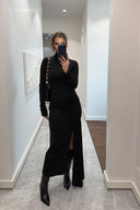 Elegant Navy Ruched Waist Slit Maxi Dress