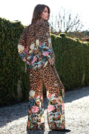 Unique Leopard Floral Print Elastic-Waist Wide-Leg Pants