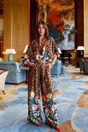 Unique Leopard Floral Print Elastic-Waist Wide-Leg Pants