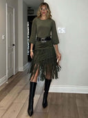 Elegant High-Waist Fringe Midi Skirt