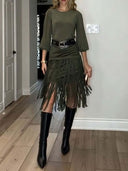 Elegant High-waisted Tassel Skirt Two-piece Set